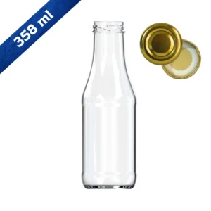 Botella de vidrio 358 ml EA4177-38-24 fondo blanco con cinta de capacidad y tapa dorada
