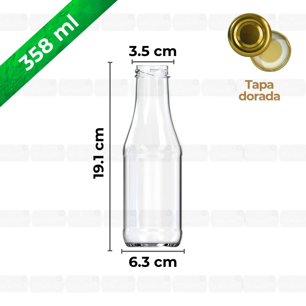 Botella de vidrio 358 ml redonda con Tapa Dorada | Envase versátil 2 Botella de vidrio 358 ml redonda con Tapa Dorada | Envase versátil - Imagen 2