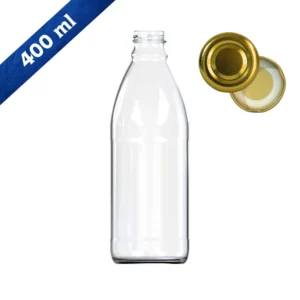 Botella de vidrio 400 ml EA44353-38-24 fondo blanco tapa dorada y cinta capacidad