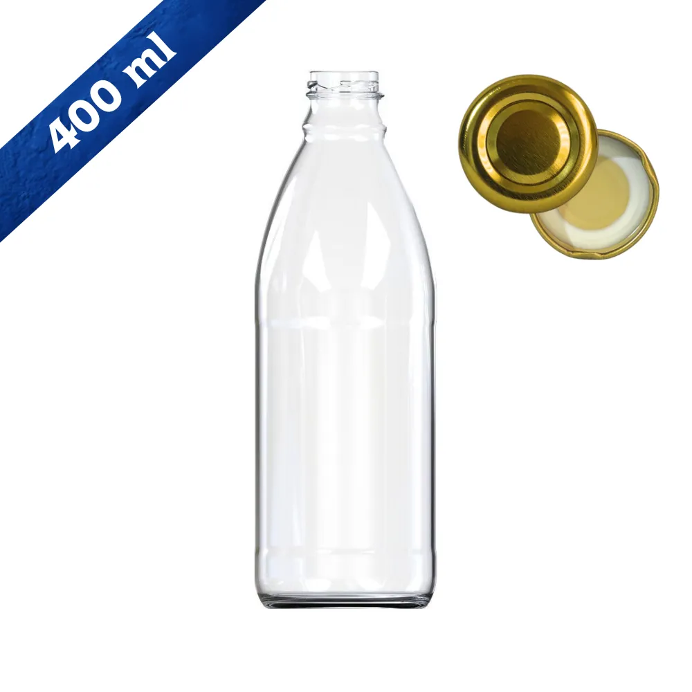 Home 58 Botella de vidrio 400 ml EA44353-38-24 fondo blanco tapa dorada y cinta capacidad
