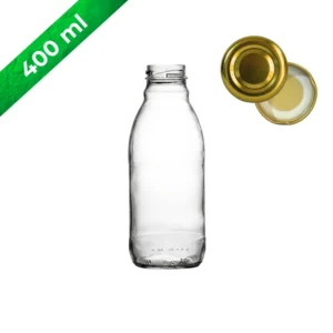 Botella de vidrio 400 ml redonda con tapa dorada