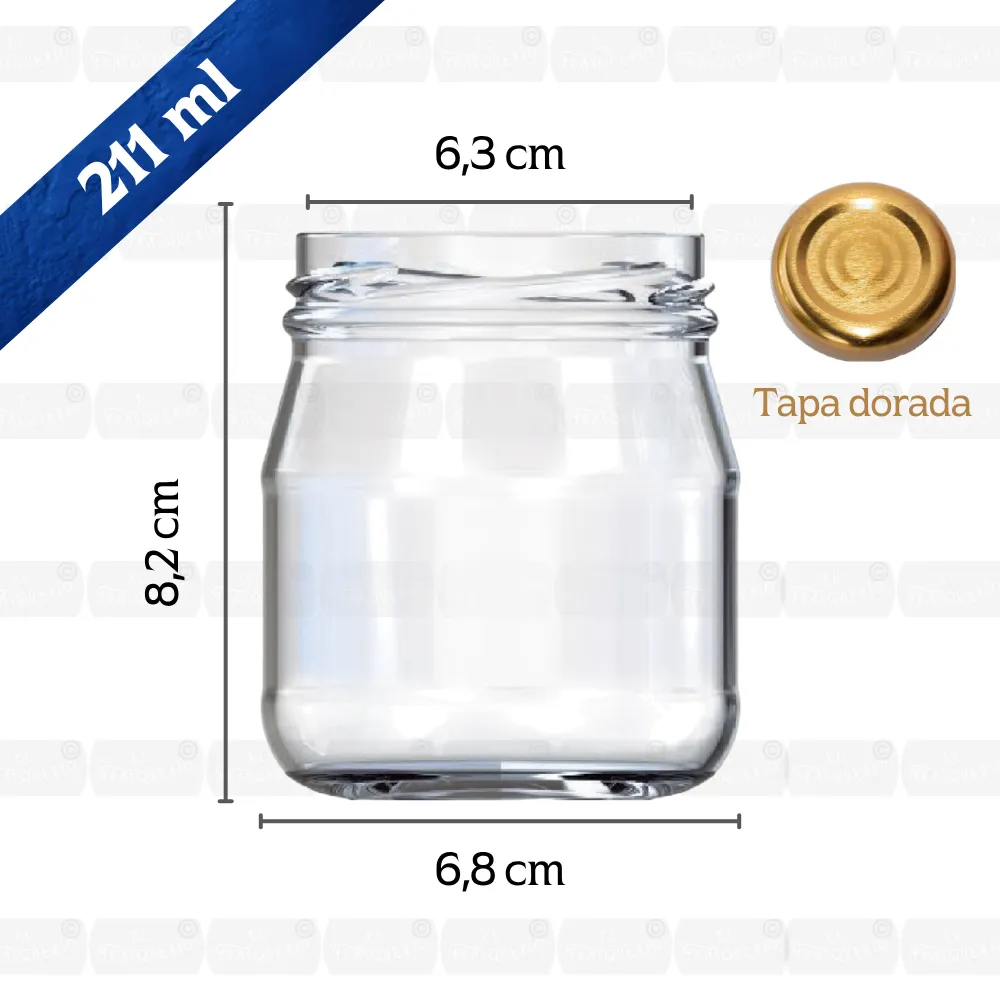 Frasco de vidrio 211 ml con tapa dorada capacidad y medidas marca de agua