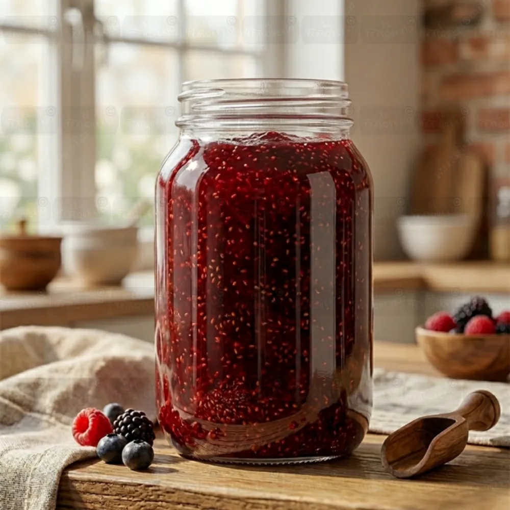 Frasco de vidrio 245 ml redondo EA1261 53 ambientado con mermelada y marca de agua