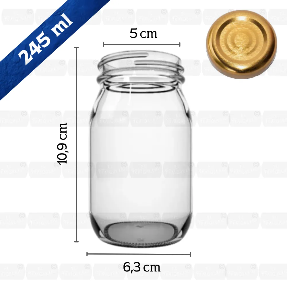 Frasco de vidrio 245 ml redondo EA1261 53 capacidad y medidas marca de agua