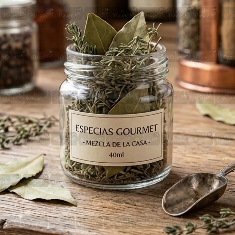 Frasco de vidrio 40 ml ambientado especias marca de agua