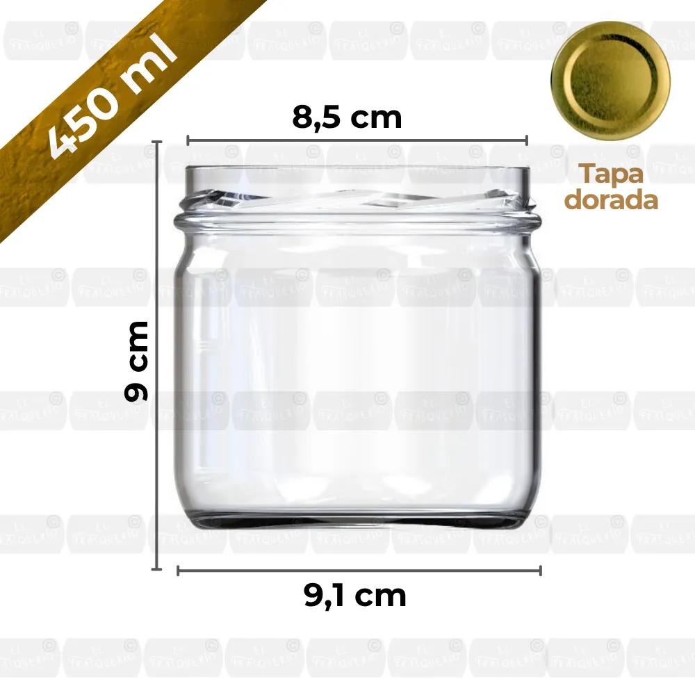 Frasco de vidrio 450 ml capacidad y medidas marca de agua