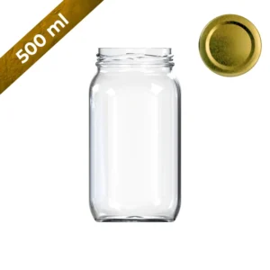 Frasco de vidrio 500 ml cuadrado con tapa dorada