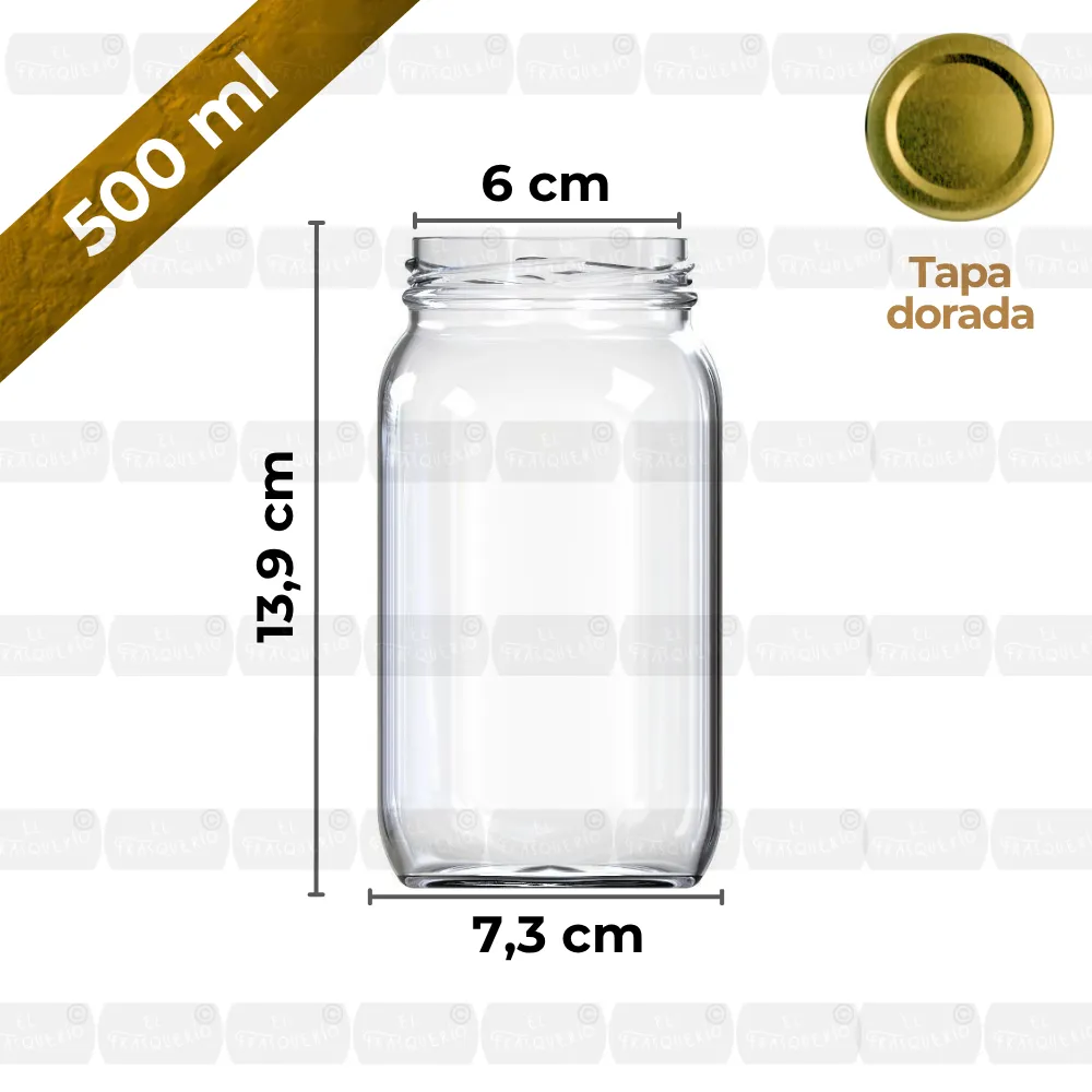 Frasco de vidrio 500 ml cuadrado capacidad y medidas marca de agua