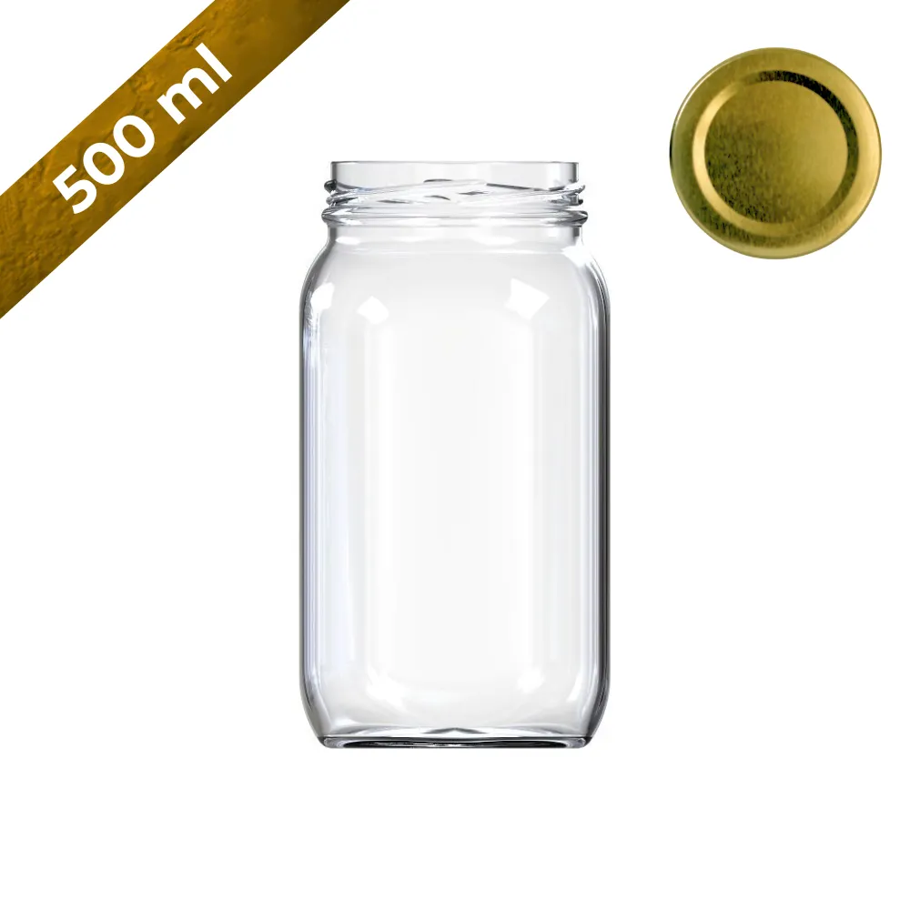 Frasco de vidrio 500 ml cuadrado con tapa dorada