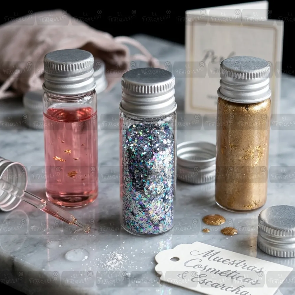 Frasco mini de vidrio 15 ml con tapa metalica ambientado marca de agua