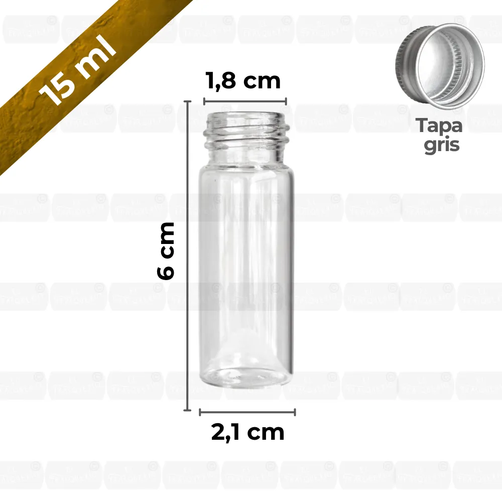 Frasco mini de vidrio 15 ml con tapa metalica capacidad y medidas marca de agua