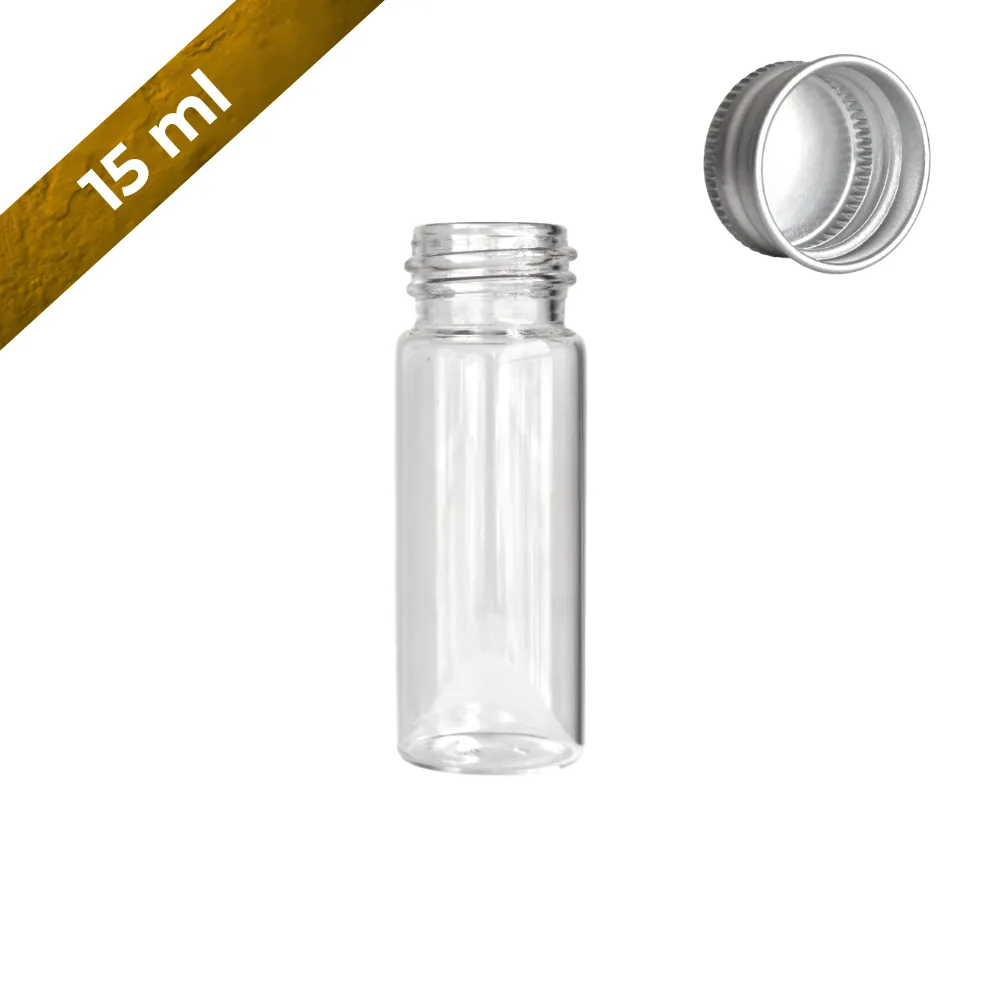 Frasco mini de vidrio 15 ml con tapa rosca metálica gris