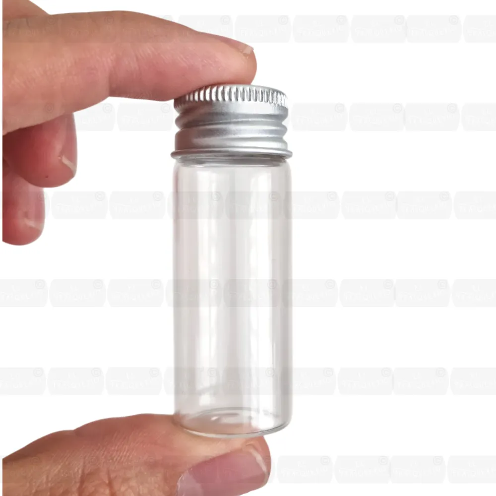 Frasco mini de vidrio 15 ml con tapa metalica dimension mano marca de agua