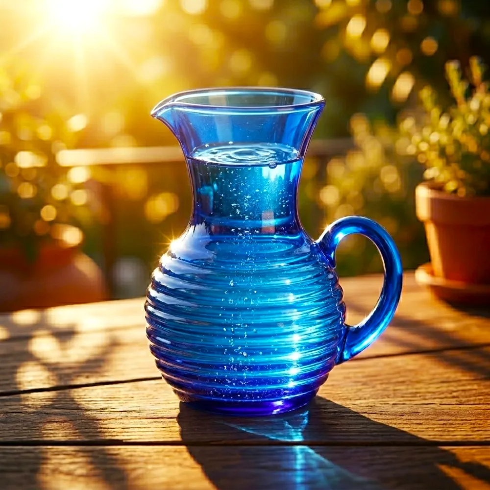 Jarra Espiral 1.75 litros en vidrio Azul Cobalto ambientada con sol y mesa