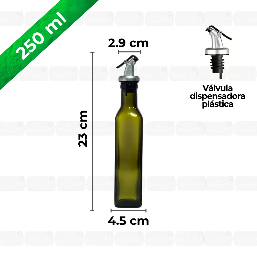 Aceitera 250 ml cuadrada verde capacidad y medidas marca de agua