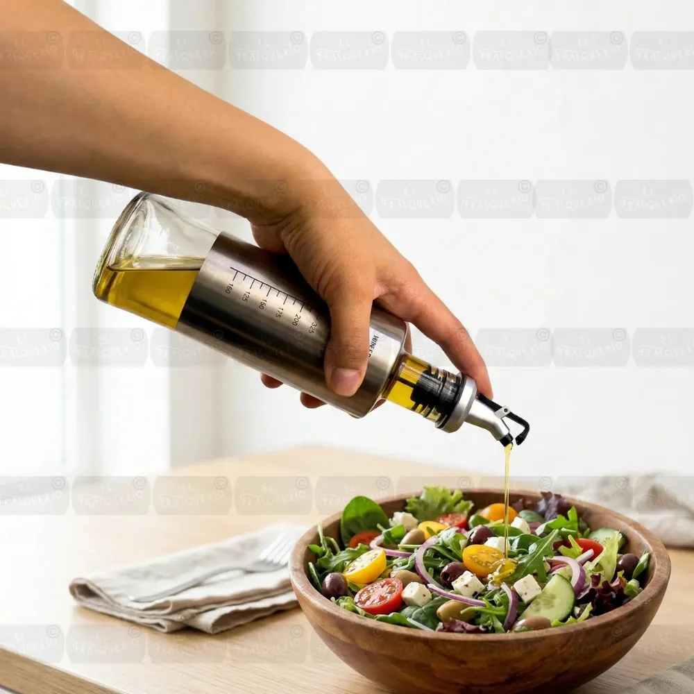 Aceitera de vidrio 300 ml redonda con indicador ambientada con ensalada marca de agua