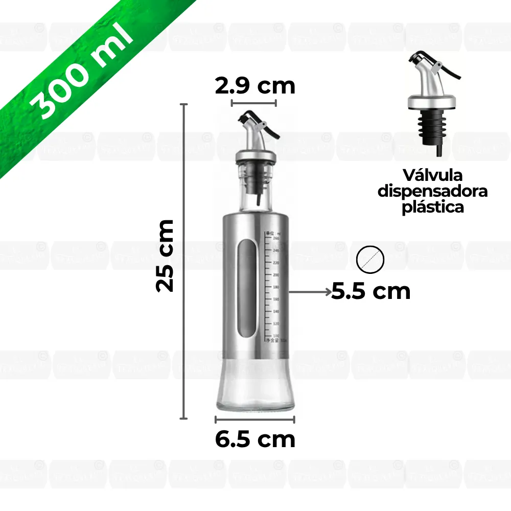 Aceitera de vidrio 300 ml redonda con indicador capacidad y medidas marca de agua