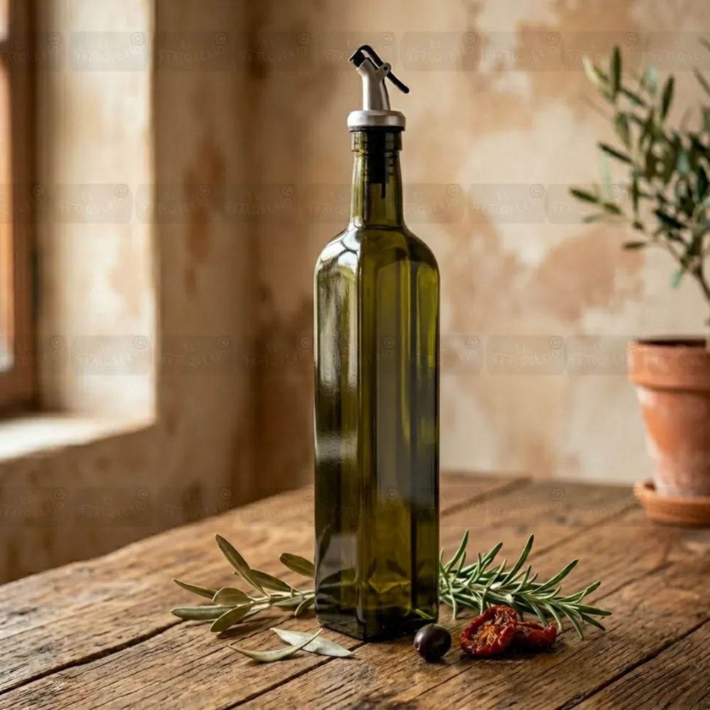 Aceitera de vidrio 500 ml cuadrada verde ambientada sobre madera marca de agua