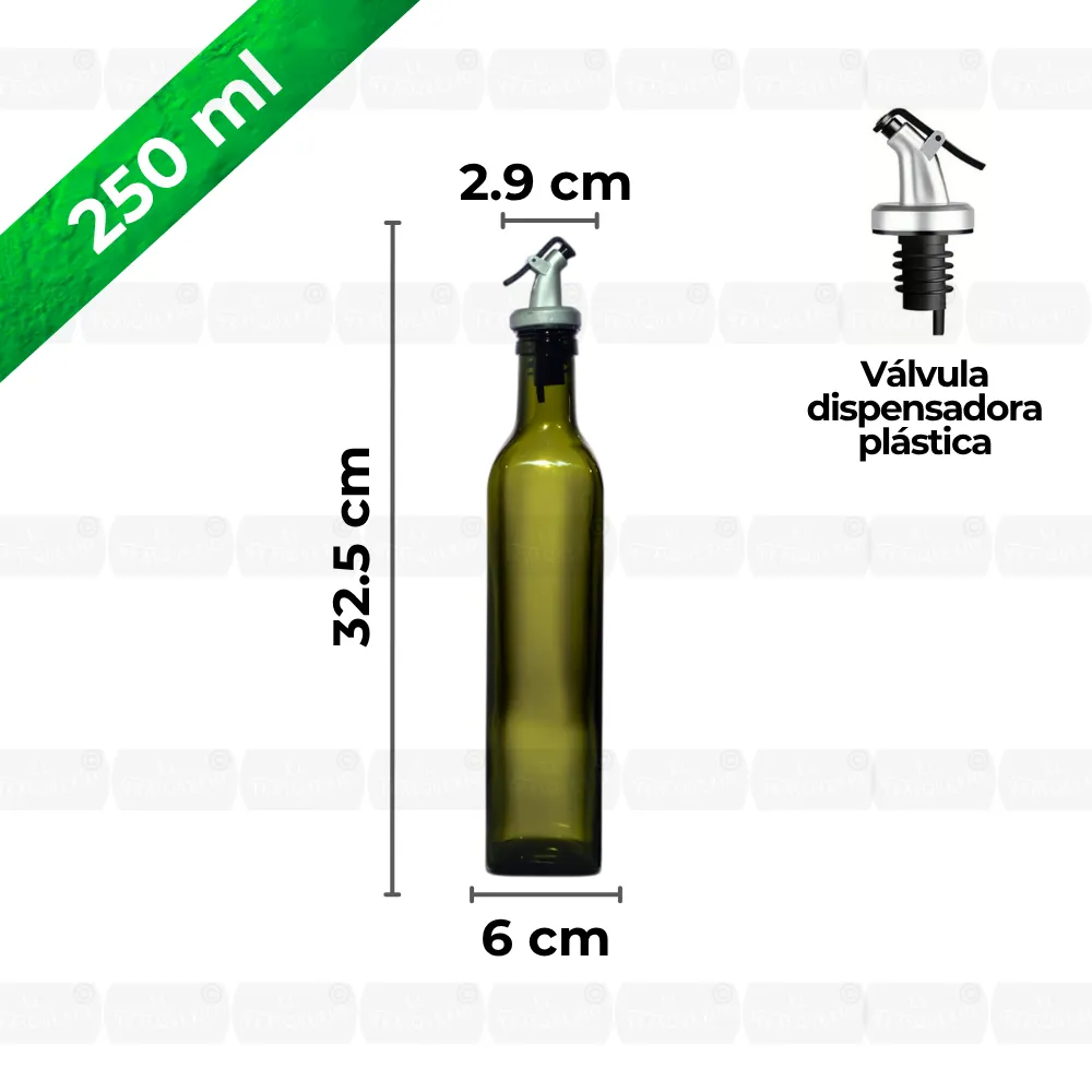 Aceitera de vidrio 500 ml cuadrada verde capacidad y medidas marca de agua