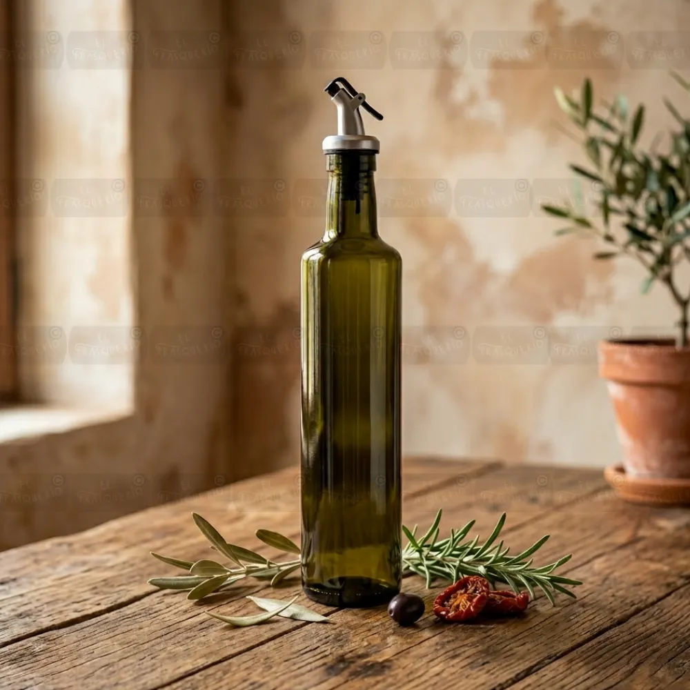 Aceitera de vidrio 500 ml redonda verde ambientada sobre mesa de madera marca de agua