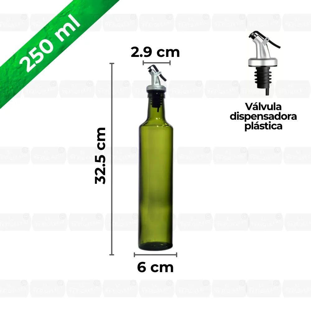 Aceitera de vidrio 500 ml redonda verde capacidad y medidas marca de agua