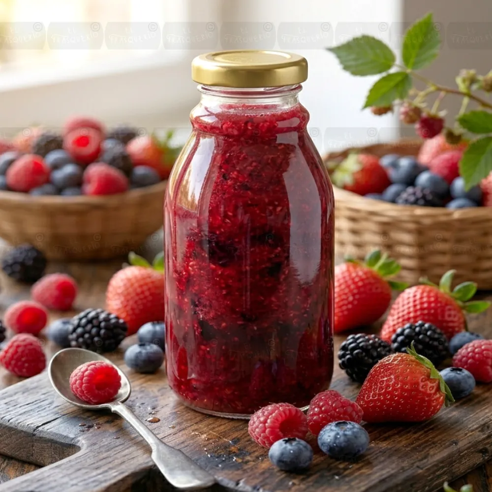 Botella de vidrio 280 ml ambientada con frutos rojos marca de agua