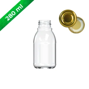 Botella de vidrio 280 ml redonda con tapa dorada