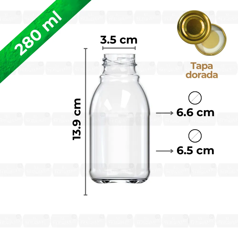Botella de vidrio 280 ml capacidad y medidas marca de agua