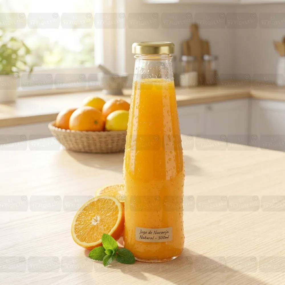 Botella de vidrio 300 ml ambientada con jugo de naranja marca de agua