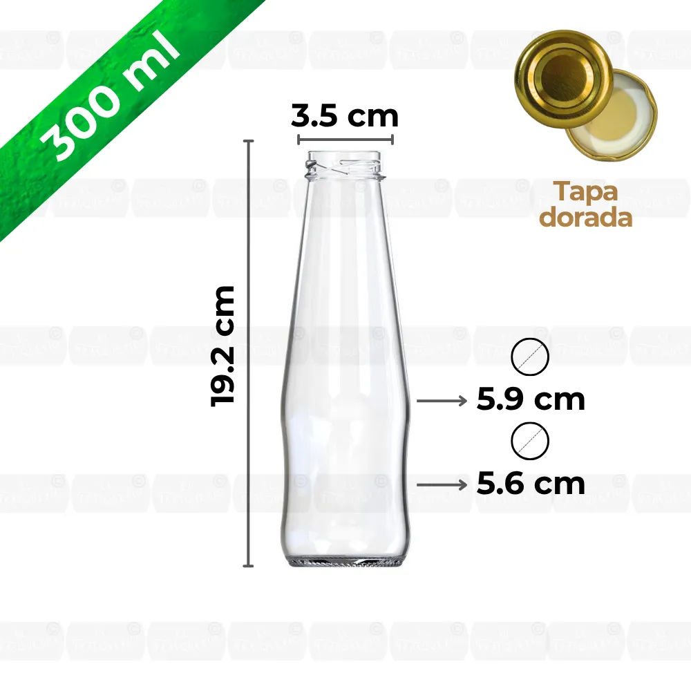 Botella de vidrio 300 ml capacidad y medidas marca de agua