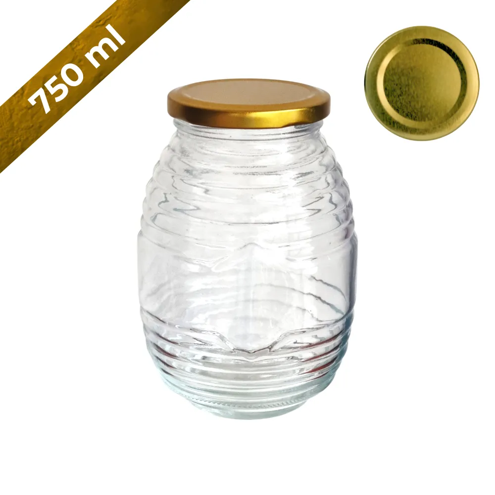 Frasco de vidrio mielero 750 ml con tapa dorada