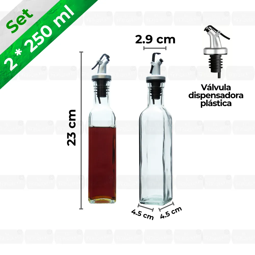 Set 2 vinajeras de vidrio 250 ml cuadradas transparentes capacidad y medidas marca de agua