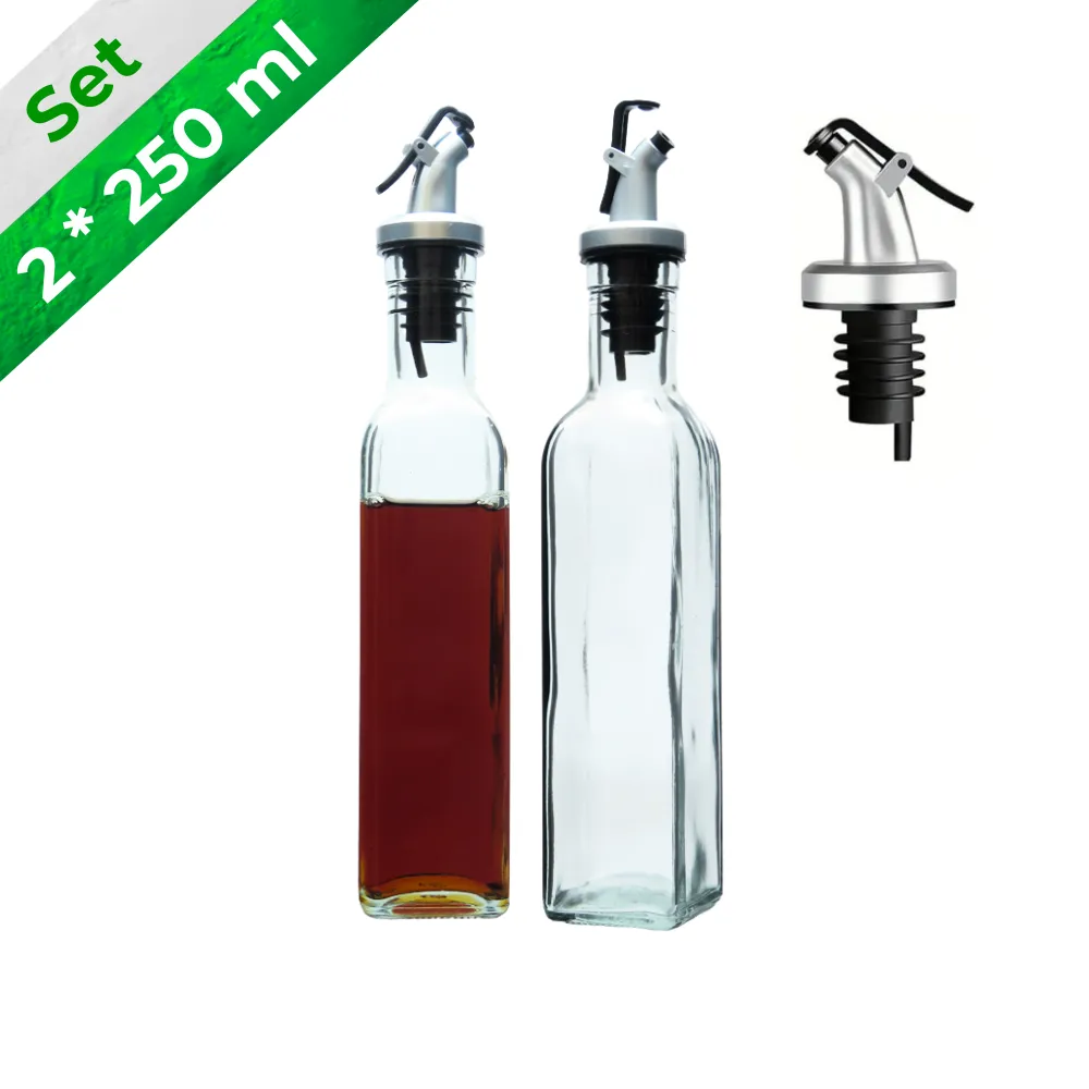 Set 2 aceiteras de vidrio 250 ml cuadradas transparentes