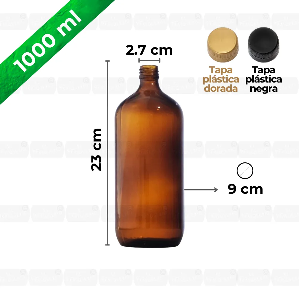 Home 61 Botella de vidrio 1000 ml ambar tapa rosca capacidad y medidas marca de agua