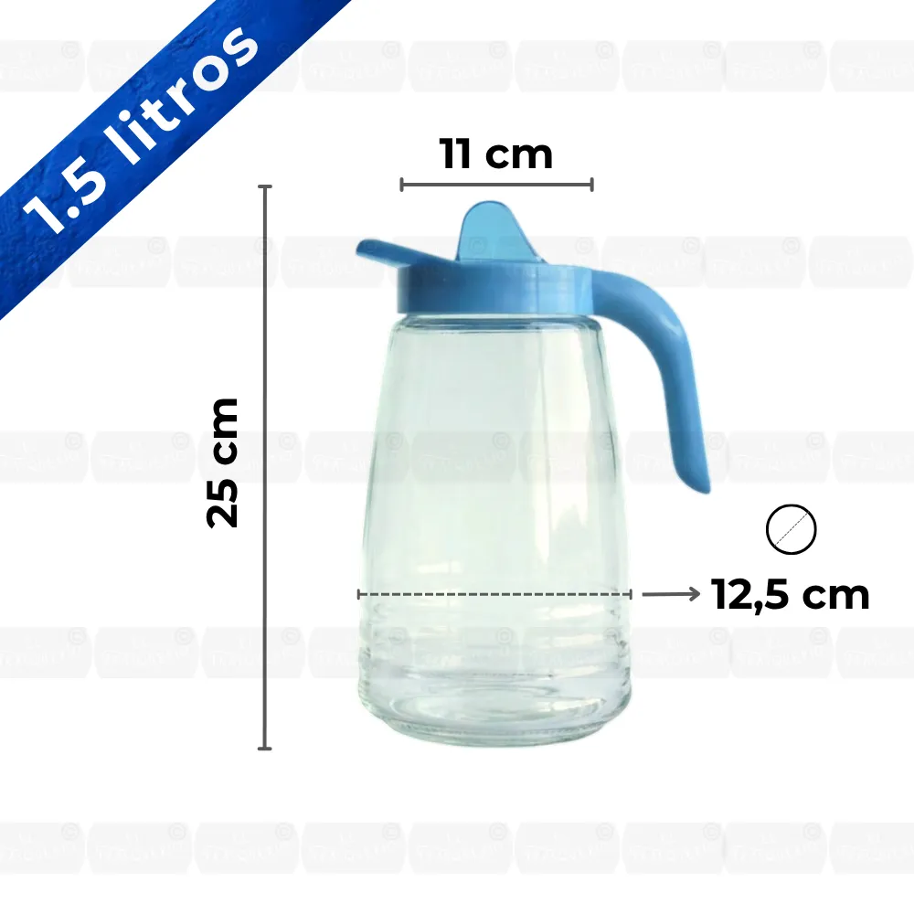 Jarra Jade 1.5 litros tapa azul capacidad y medidas marca de agua