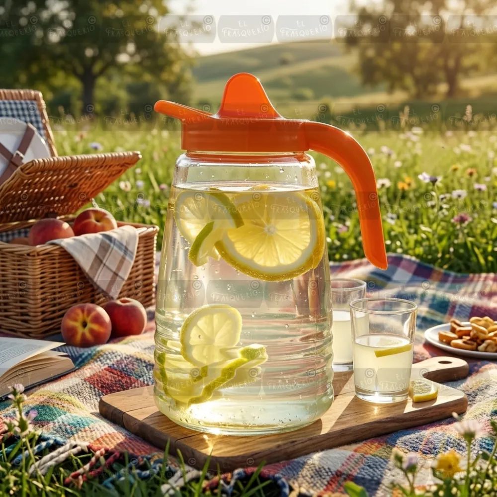 Jarra Jade 1.5 litros tapa naranja ambientada en picnic marca de agua