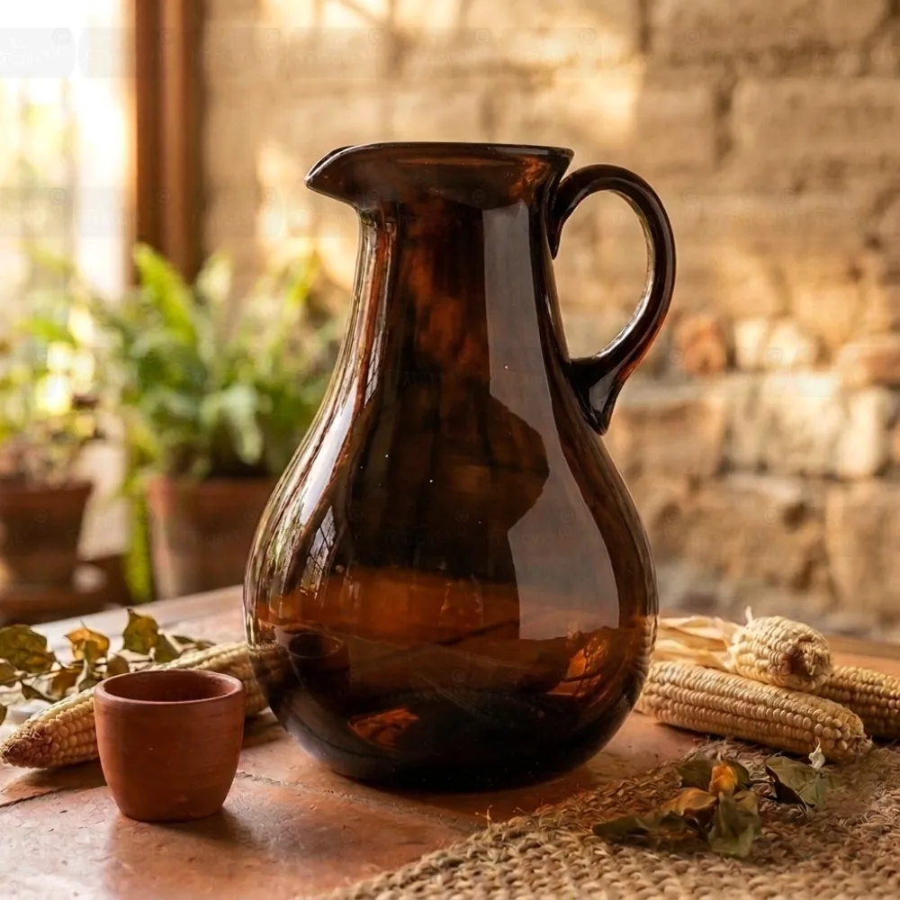 Home 56 Jarra Quimbaya 1.6 litros ambar ambientada sobre mesa marca de agua