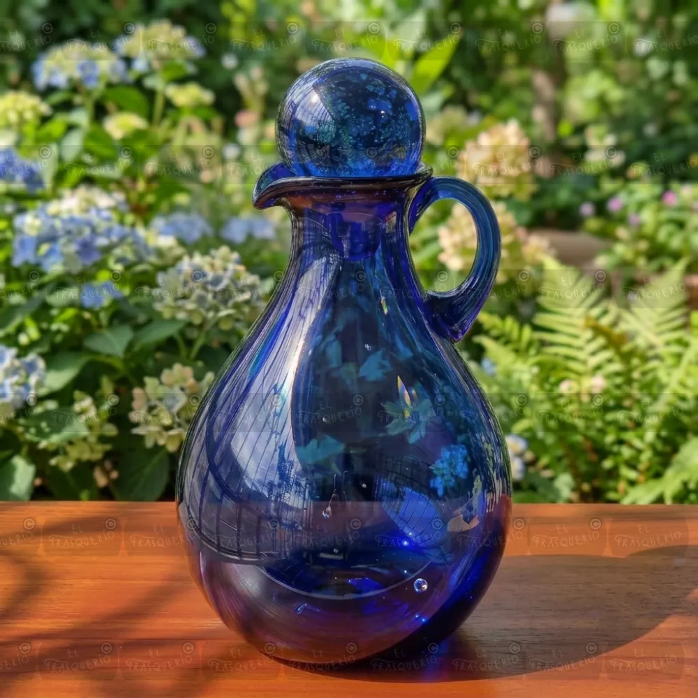 Jarra Quimbaya 2 litros con tapa burbuja azul cobalto ambientada en exterior marca de agua