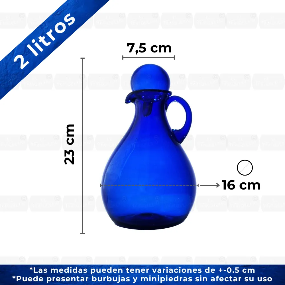 Jarra Quimbaya 2 litros con tapa burbuja azul cobalto capacidad y medidas marca de agua