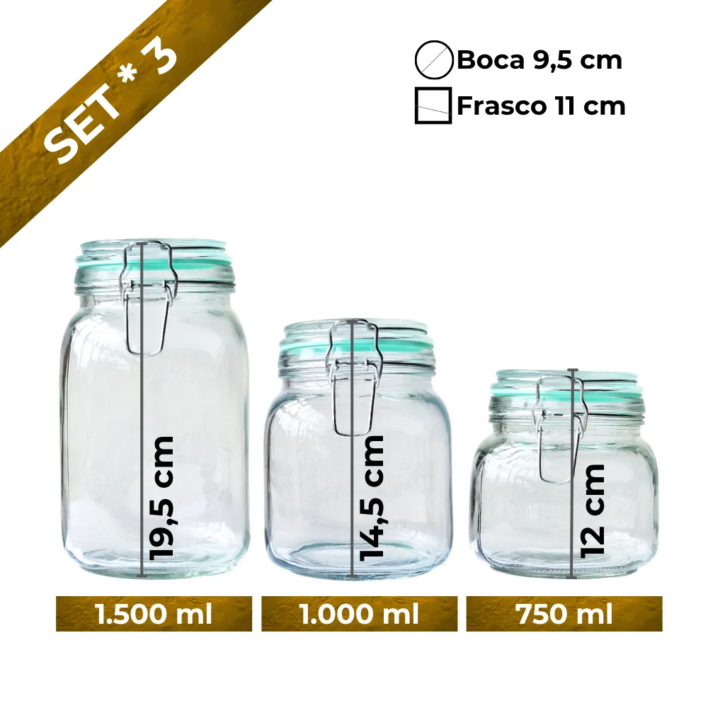 Set 3 Frascos hermeticos de vidrio capacidad y medidas