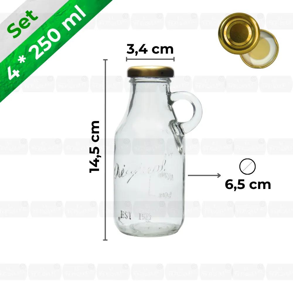 Set 4 botellas 250 ml vintage con tapa dorada capacidad y medidas marca de agua
