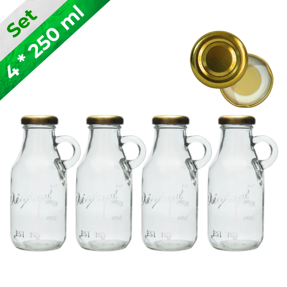 Set 4 botellas vintage 250 ml con tapa dorada