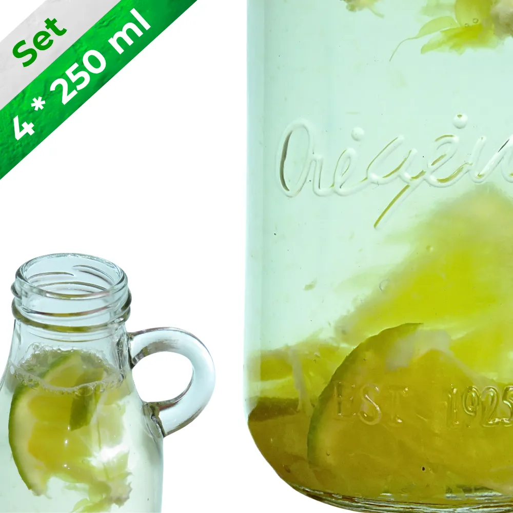 Set 4 botellas 250 ml vintage con tapa dorada enfoque