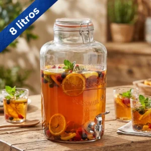 Dispensador de bebidas en vidrio 8 litros tapa vidrio capacidad y ambientada
