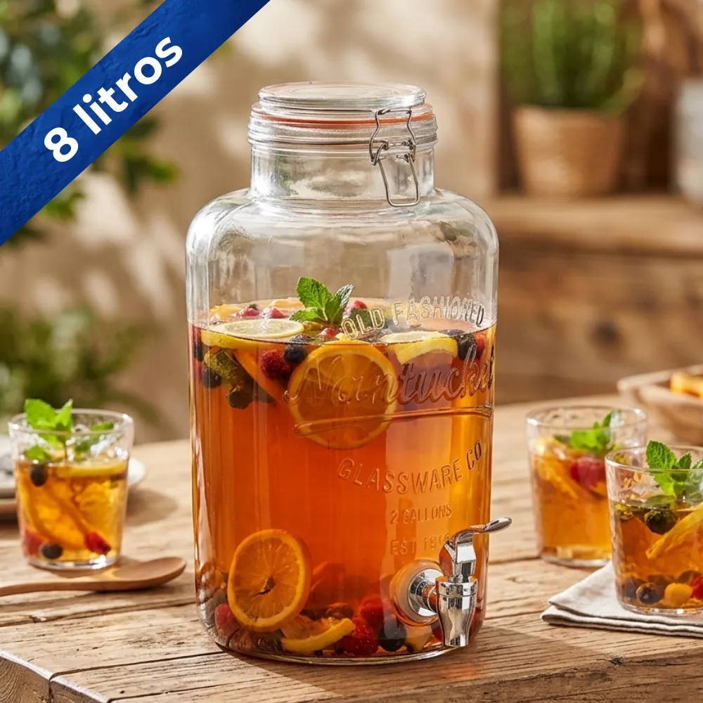 Dispensador de bebidas en vidrio 8 litros tapa vidrio capacidad y ambientada