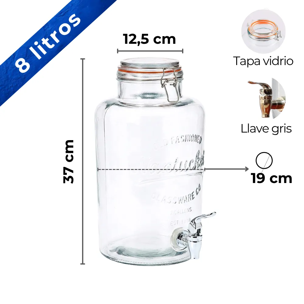 Dispensador de bebidas en vidrio 8 litros tapa vidrio capacidad y medidas