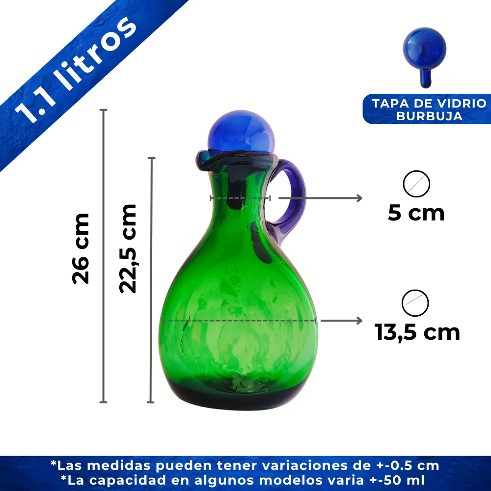 Home 56 Jarra Hidalgo 1.1 litros verde tapa azul cobalto capacidad y medidas