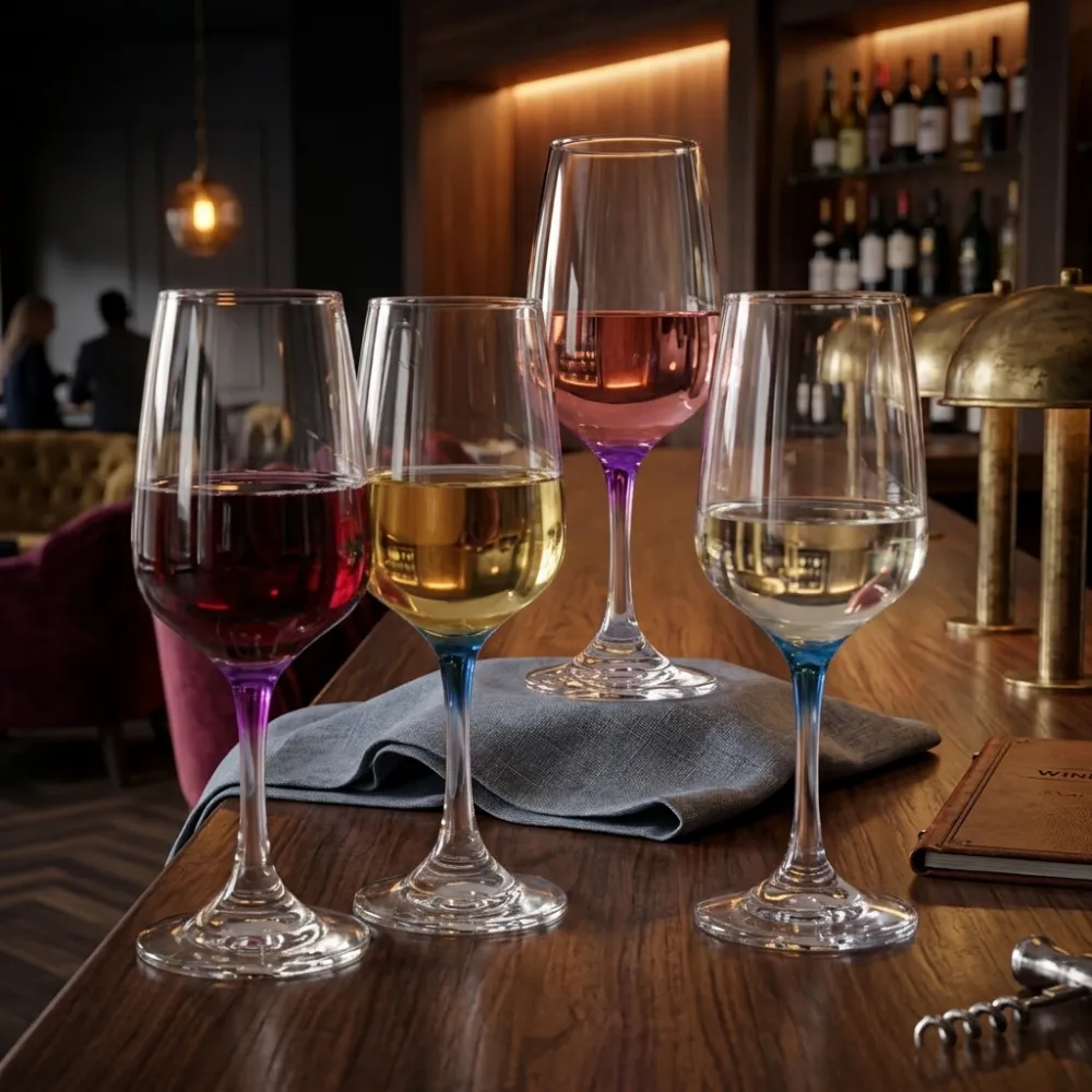 Set 4 Copas vino Trentino 371 ml edicion especial ambientadas sobre mesa de madera y vino
