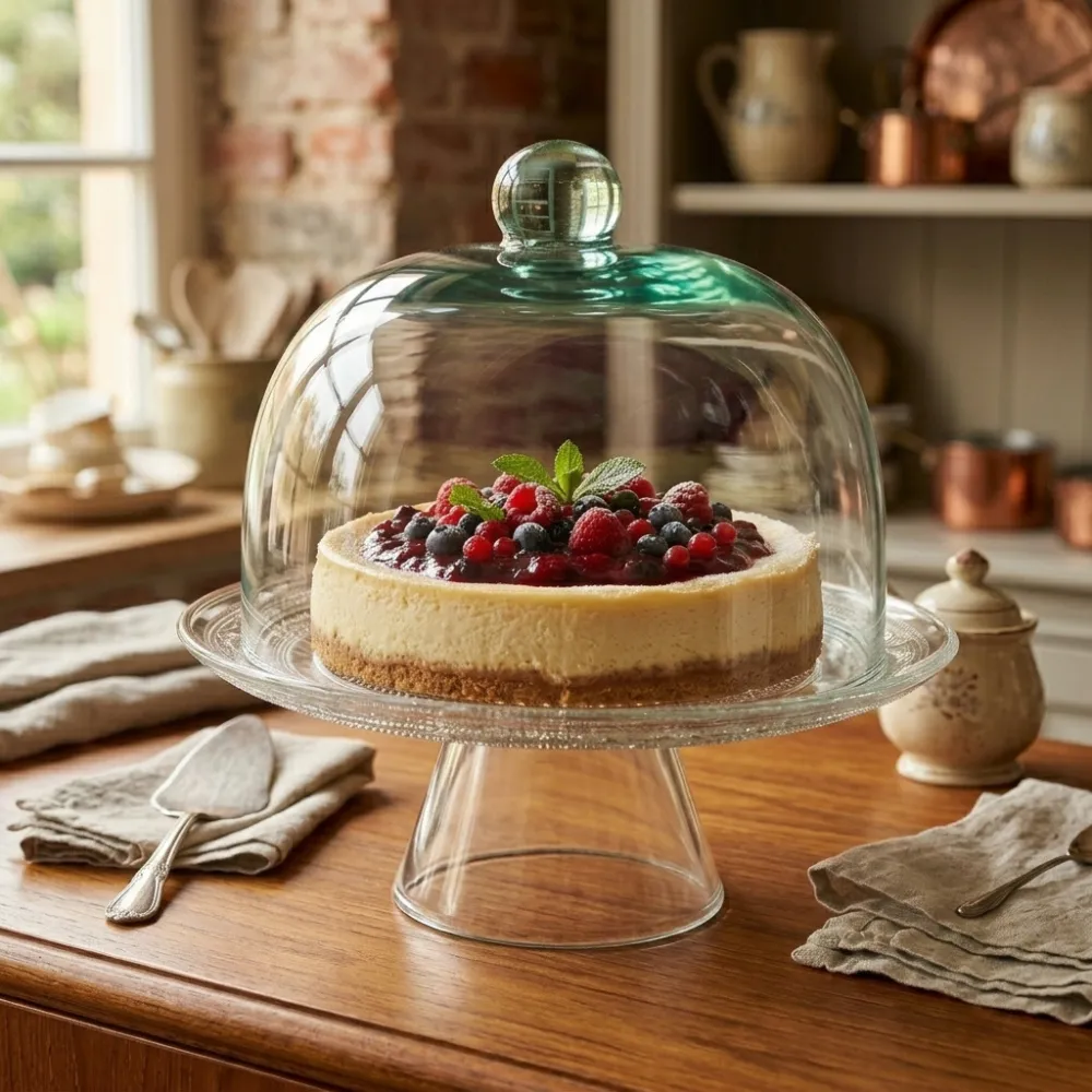 Tapa Quesera con base vidrio ambientada con cheesecake