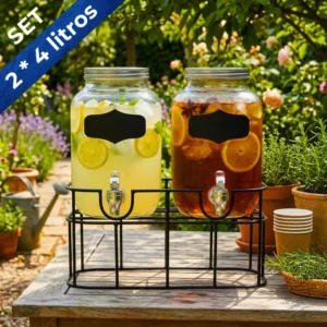 Set de 2 Dispensadores de bebidas en vidrio 4 litros con base metálica ambientados capacidad